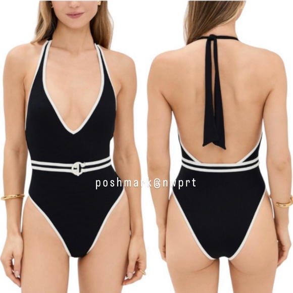 NWT 💯 L*Space Caicos One Piece Belted Halter Swimsuit Swimwear Black White XS - Picture 14 of 14